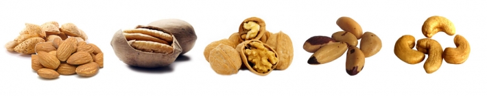 Mandel, pecannøtter, valøtter, paranøtter, cashewnøtter
