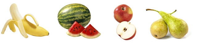 Banan, vannmelon, eple og pære