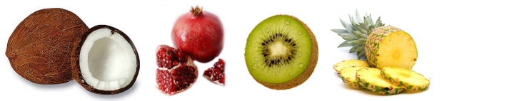 Kokosnøtt, granateple, kiwi og ananas