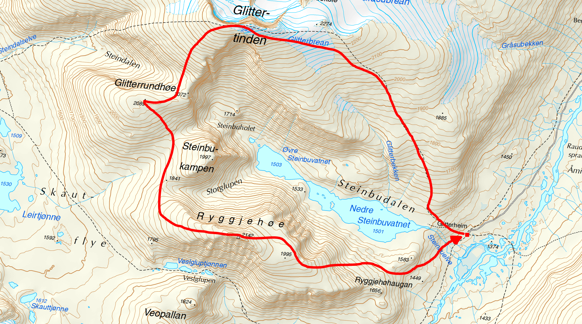 Løypen vi gikk, omtrentlig tegnet inn.