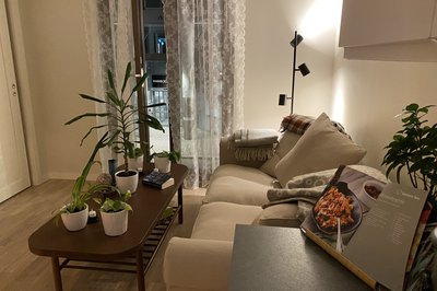 Sofa og bord samt gardiner