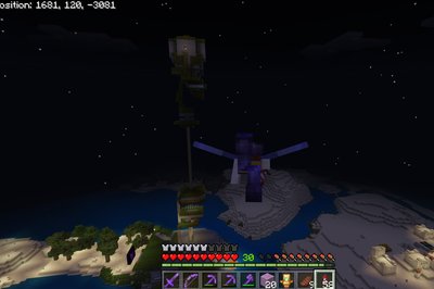 The whole thing is quite tall. Raid parties spawn on top. Player stands in the middle with a looting sword in hand, while pillagers are killed bellow.