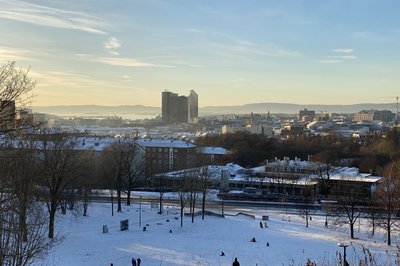 Utsikt ut over Tøyenparken mot sentrum på en kald vinterdag